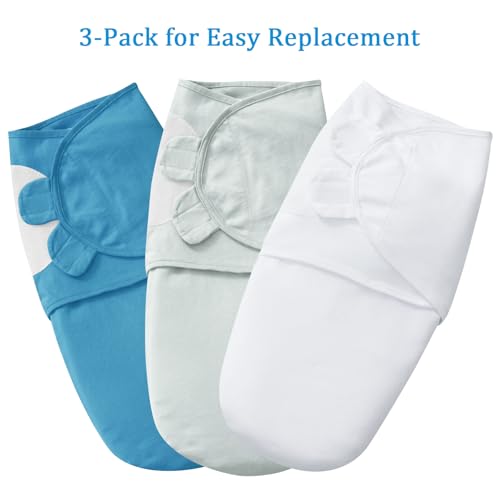 Image of david's kids 100% Cotton 3 Pack Baby Swaddle Wrap for 0-3 Months, Soft Swaddle Blanket for Newborn Infant, Adjustable Baby Wrap Sleep Sacks for Boys Girls, Newborn Essentials, White & Grey & Blue
