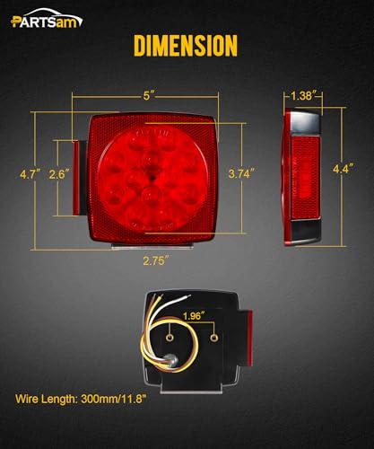 Image of Partsam Pair Slim Square LED Trailer Light Submersible Tail Lights 15 Red 4 White LEDs 5050 SMD Stop Turn Tail with Side Clearance and License Lights for Under 80 inch Boat Trailer 12V IP67 Red Lens