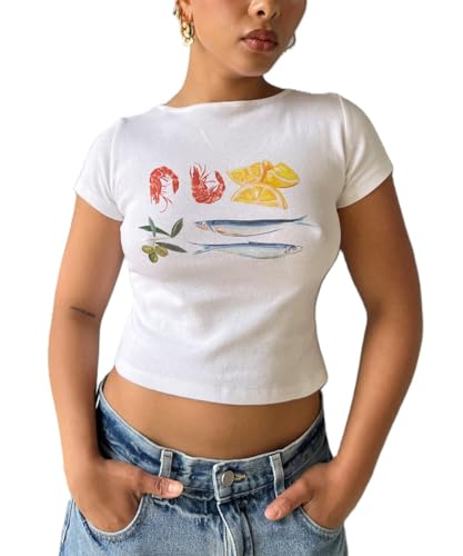 Y2k Baby Tee Cute Graphic Baby Tee E-Girls Baby Crop Tees Slim Fit Short Sleeve Baby tees for Teen Girls Cotton T-Shirt, 1-fish, Large