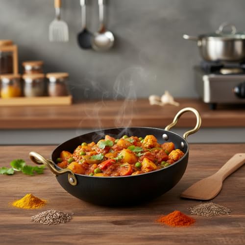 Image of LAZYwindow Traditional Iron Kadhai Deep Bottom Kadai /Frying Kadhai with Handle | Scratch Resistant & Metal Spoon Friendly | Sturdy Handles | Dia 20 cm