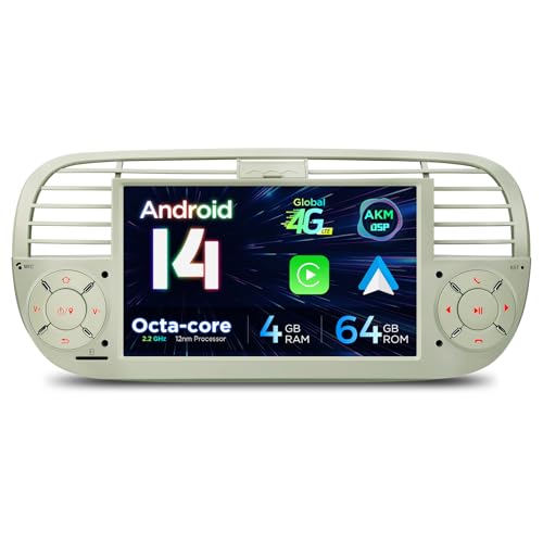 XTRONS 7 Android 14 1 Din Car Stereo 4+64GB for Fiat 500(2007-2015) Cream Octa-Core Radio Player Built-in 4G AKM DSP 2K CarAutoPlay Android Auto GPS Navigation Bluetooth 5.0 New UI Optional DAB+