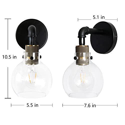 Image of MONKFISH Wall Light, Industrial Metal Style Wall Lamp Fixture, 1-Light Wall Sconce with Clear Glass Ball Shade for Bathroom Bedroom Stair Cafe, E26 Base (Thin Tube)