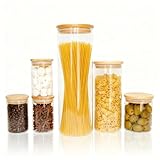 Kit 6 Potes Herméticos de Vidro com Tampa de Bambu Porta Mantimentos Alimentos Organização de Cozinha Modernos