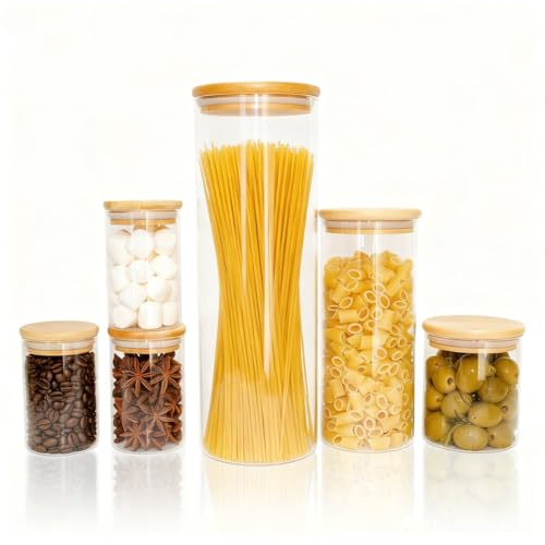 Kit 6 Potes Herméticos de Vidro com Tampa de Bambu Porta Mantimentos Alimentos Organização de Cozinha Modernos