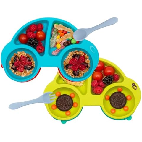 Qshare Toddler Plates, Portable Baby Plates for Toddlers, BPA-Free Strong Suction Plates for Toddlers, Dishwasher and Microwave Safe Silicone Placemat 10x7x1'' (Blue/Green) Cover