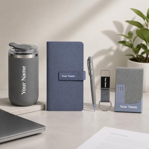 Image of Giftana Personalized Diary with Pen, Coffee Tumbler 350ml, Keychain, Card holder Gift Set for Men and Women, 5 in 1 Personalised Gifting Items, New Year Corporate Gifts for Employee (Grey)
