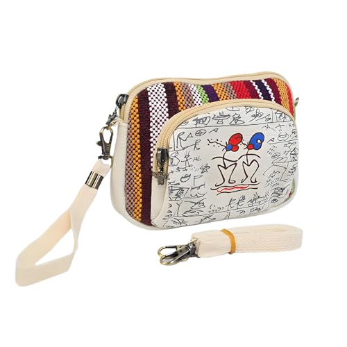 Ethnic Canvas Crossbody Phone Bag, Multi-Color Striped Pattern, Cream White with Art Print, 5 * 6 * 2inch, Compartments, Adjustable Shoulder Strap