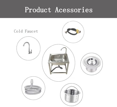 Freestanding Utility Sink,Outdoor Sink Set,Free Standing Stainless Steel Kitchen Sink,Commercial Sink Single Bowl,Outdoor Sink,Washbasin with Tap and Drain (Silvery-60x43x45cm