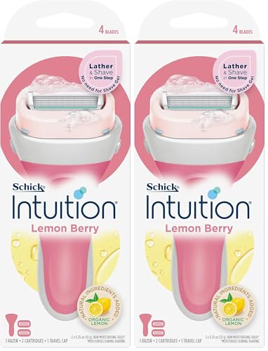 Schick - Intuition | Womens Razor Kit with 2 Refills | Lemon Berry | 4 Blade Razor | Skin Moisturising Soap | Lather and Shave | No Shave Gel Required | Organic Lemon (Pack of 2)