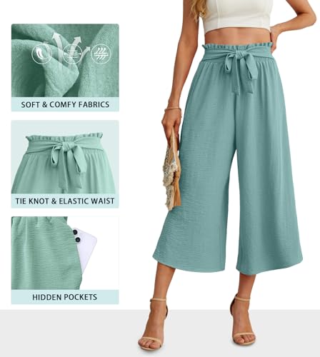 Image of IWOLLENCE Women Flowy Loose Wide Leg Pant Summer Beach Casual Trousers high Waist Adjustable Knot Business Work Casual Pants