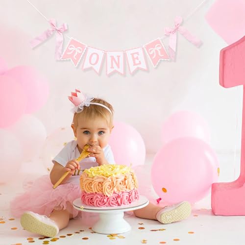 Image of Bow First Birthday High Chair Banner - Pink Bow 1st Party Decoration,Coquette First High Chair Banner,Coquette One Birthday Photo Prop(bow first)