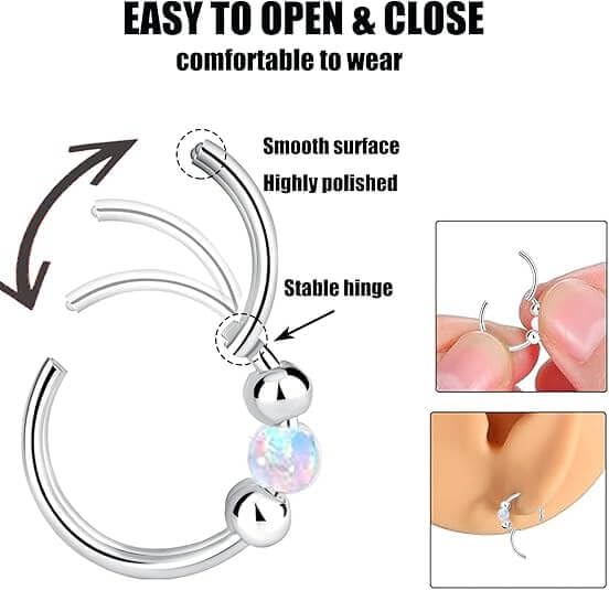 Uni-J 4PCS Nose Ring Hoop for Women Men Hinged Double Nose Hoop CZ Opal Clicker Septum Ring 18G Surgical Steel Cartilage Conch Tragus Rook Daith Piercing Jewelry Gold Silver 7/8/9/10MM4