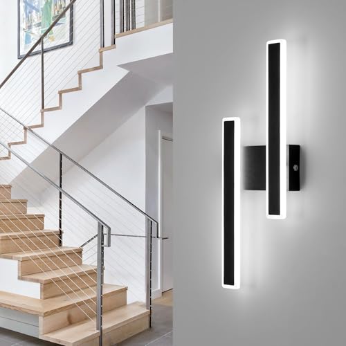 Lámpara de Pared LED Interior, 32W 3600LM Aplique Pared Interior Moderna, Lampara de Pared Negro Acrílico, Iluminación de Pared con Tira para Salón, Dormitorio, Pasillo, Escalera, Blanco Frio 6500K