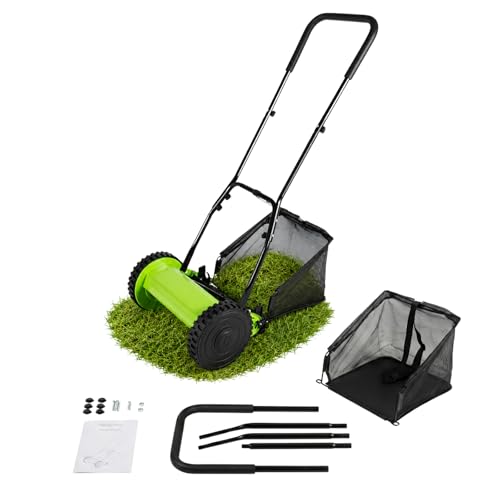 FUJAOPS Manual Push Reel Lawn Mower 12 Inch 5-Blade, Cordless Push Mower with Grass Catcher, Walk-Behind Push Lawn Mower with Adjustable Cutting Height, Small Push Mower for Yard Garden