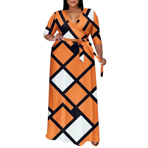 Image of Runwind Plus Size Dresses for Women Floral Maxi Dress Flowy 3 /4 Sleeve with Belt