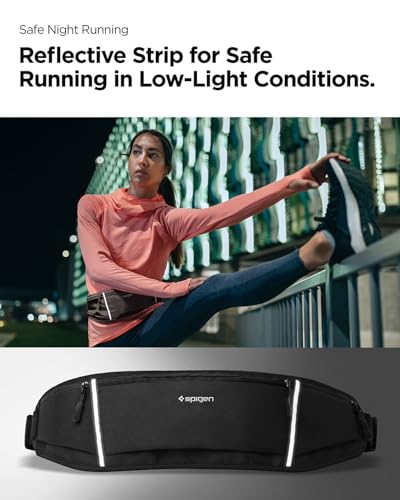 Image of Spigen Waist Bag Mobile Holder for Running, Running Belt with Adjustable Strap Compatible with iPhone & Samsung & Other Models, Lightweight Reflective Fanny Pack for Jogging, Workout (Nylon) - Black