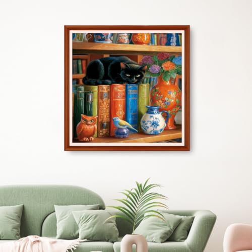 Image of Hopeart Stamped Cross Stitch Kits for Beginner Embroidery Kits for Beginners Adults DIY 11CT Cross Stitch Patterns Needlepoint Kits Crossstitching Kits-Bookshelf Cat 18x18 inchs