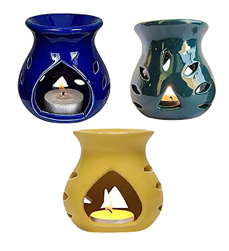 PFURE SOLUTION Ceramic Clay Candle Operated Aroma Burner|Oil Diffuser Coming with 3 Tea Candle (Blue Green Yellow 9 Cm)