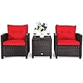 AUGESTER 3 PCS Patio Furniture Set, Outdoor PE Rattan Wicker Conversation Sofa Set w/Washable Cushion and Tempered Glass Tabletop, All Weather Chat Sofa for Garden Poolside Balcony Porch Bistro (Red)