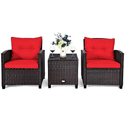 AUGESTER 3 PCS Patio Furniture Set, Outdoor PE Rattan Wicker Conversation Sofa Set w/Washable Cushion and Tempered Glass Tabletop, All Weather Chat Sofa for Garden Poolside Balcony Porch Bistro (Red)