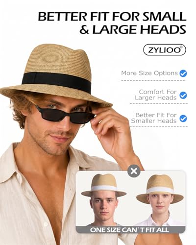 Image of Zylioo XXL XL Straw Hats for Men Big Heads,L M S UV Summer Fedora Panama,UPF Beach Sun Hats for Women Travel Hat