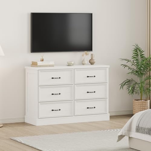 IDEALHOUSE White Farmhouse TV Stand with 6 Drawers