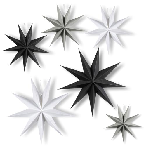 HOVIBU 6 Estrellas de Papel para Decoración Navideña, 30 cm x 3 + 45 cm x 2 + 25cm x 1 Estrellas Plegables de Papel Navidad, para Decoración, Habitación, Salón, Boda (Negro, Blanco, Gris)