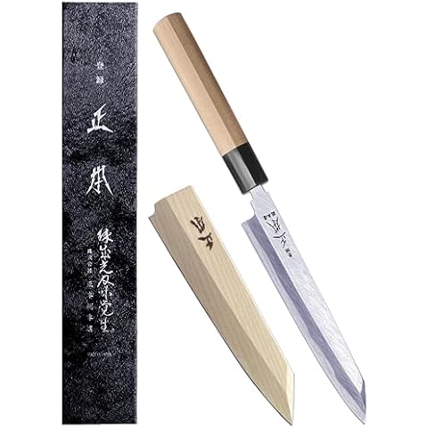 MASAMOTO KS Japanese Kiritsuke Yanagiba Sushi Knife with Sheath 6.5" (165mm) [HONBAZUKE] Made in JAPAN, Professional Sashimi Knife, Ultra Sharp Carbon Steel Blade, Wood Wa Handle, Black Ferrule Cover