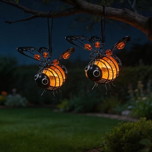 Ptxbeemyd Solar Powered Hanging Bee Light Waterproof Solar-Powered Insect Ornament Suitable for Courtyards Trees Porches and Terraces 2-Pack Orange