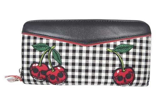 Women’s Rockabilly Retro Zip Around Wallet – Gingham Skull Cherry embroidered, Retro Vintage large clutch