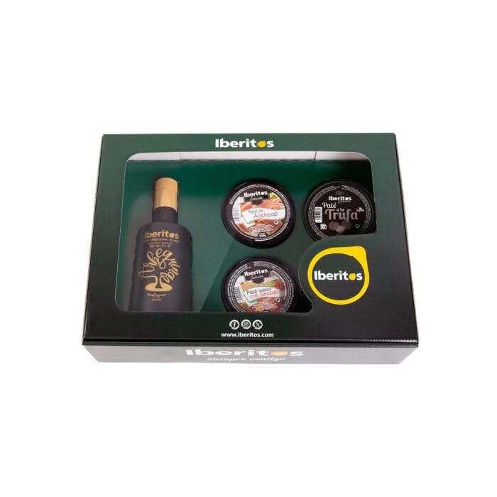 Iberitos - Caja Arbequina con Aceite y Patés Premium - Perfecta para Regalar o Disfrutar en Familia - 4 Variedades que Incluye Cereza, Trufa, Anchoa y Jamón Ibérico - Contiene 1,249 kg