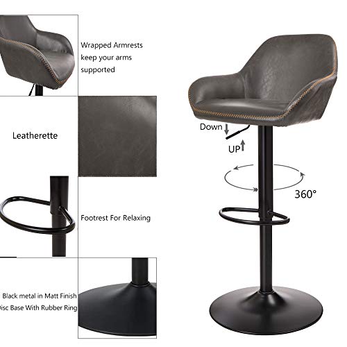 Glitzhome Mid Century Bar Stools Set Of 2 Vintage Swivel Leather Adjustable Bar Chair With Backrest And Footrest, Modern Pub Kitchen Counter Height Barstools, Dark Grey #TOP4