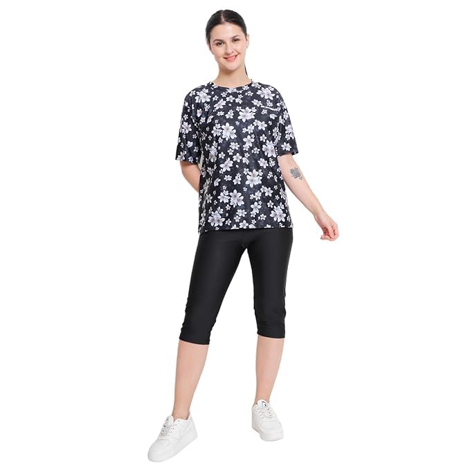 Image of Two Piece Swimming Costume for Women with Removable Pads | Lycra T-Shirt & Tights Swimset for Women Swimwear Half Sleeves