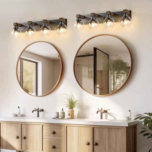 Image of LmnLvn Bathroom Light Fixtures, Farmhouse Wood & Metal with Globe Glass