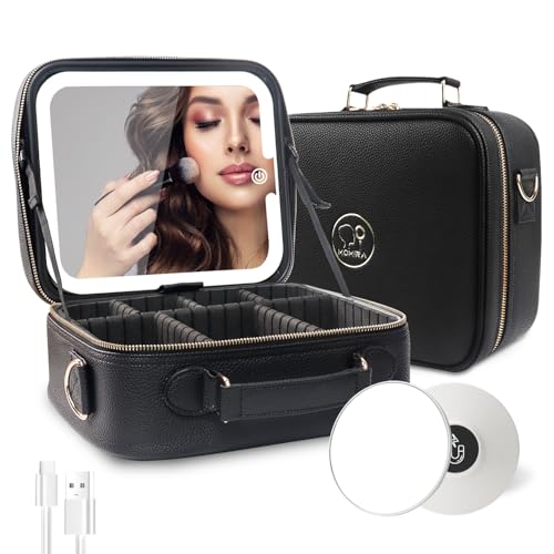 Image of MOMIRA Travel Makeup Bag Cosmetic Bag with Lighted Mirror, Adjustable Brightness in 3 Color Scenarios /Detachable makeup mirror, All-round Upgrade, Waterproof, Gift for Women -Black