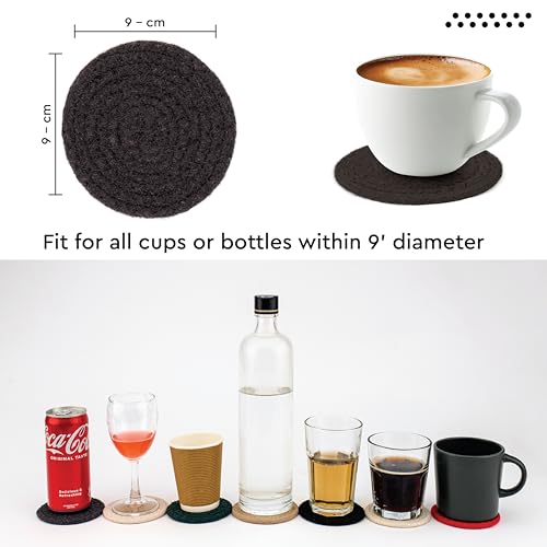 Image of Encasa XO Drink Coasters Set of 6 | Dark Grey with Round (9 cm) | Handcrafted Ribbed Cotton | Absorbent & Heat-Resistant | Use for Tea, Coffee Table & Desk