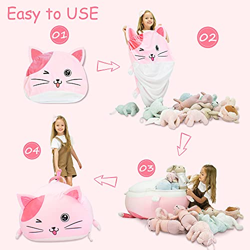 Anzitinlan Cute Cat Bean Bag Chair For Kids, Pink Stuffed Animal Storage Beanbag Chairs For Girls Room Decor, Extra Large Size, Velvet Super Soft Cover Only #TOP3