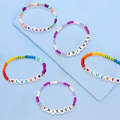 Haqatr 12pcs Friendship Bracelets for Girls,Alphabet Word Bracelets for Girls Bead Woven Stretch Friendship Bracelets for Girls,Beaded Letter Bracelets for Girls,Birthday Party Bracelet Accessories
