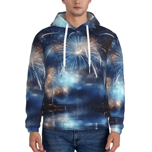 Men's Fleece Pullover Hoodie Long Sleeve Hooded New Year Pyrotechnics Sweatshirt Casual Shirts With Pockets Medium Black2