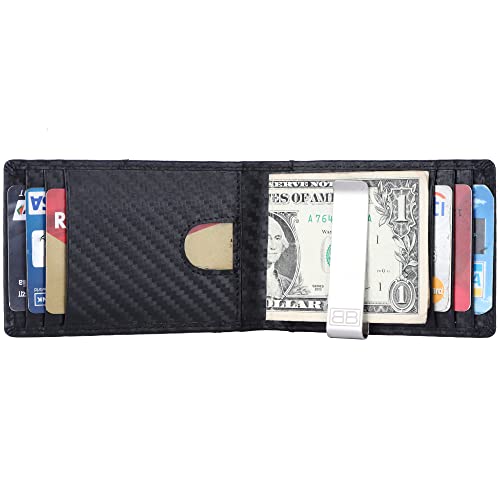 Image of Brooklyn Bridge Genuine Leather Money Clip Wallet for Men Carbon Fiber Black - Slim RFID Blocking Bifold Wallet, Stylish Front Pocket Card Holder with Cash Clip, Gift for Him