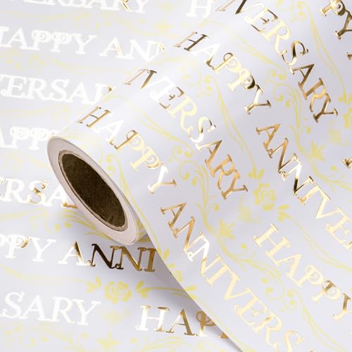 WRAPAHOLIC Happy Anniversary Wrapping Paper Roll - Mini Roll - 17 Inch x 16.5 Feet - Gold Foil Happy Anniversary Lettering Design Perfect for Celebration Party