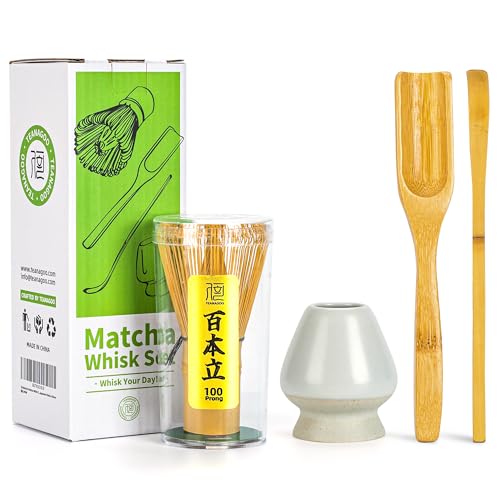 TEANAGOO Matcha Set| MatchaBesen| matcha zubehör,Matcha Schneebesen (Chasen), Bambusschaufel (Chashaku), Teelöffel,mattweißer Schneebesenhalter,TG-I3, Das perfekte Set für die Zubereitung einer