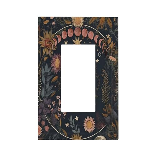 Celestial Sun Moon Phase Starry Sky Dark Academia Witchy Botanical Single Rocker Light Switch Cover 1 Gang Outlet Cover Decorative Gfci Electric Wall Plate Dimmer Switch Plate for Bathroom Decora