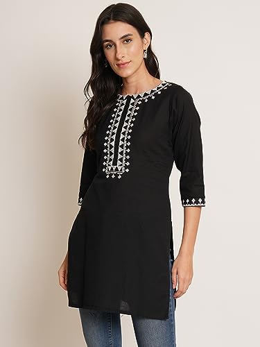 Image of Brownverse Pure Cotton Embroidered Women Short Kurti