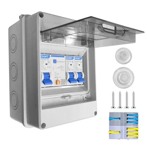 Sicherungskasten Aufputz, Kleinverteiler Aufputzmit mit fi SchalterBringen AC 32A, IP65 Waterproof, AC Trennschalter 16A+16A für Zuhause Büro, Wohnwagen, Garagen, Werkstätten