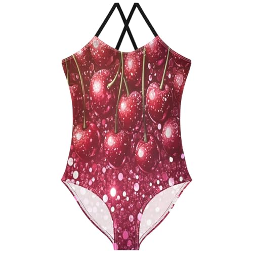 Pigsaly Girls One Piece Swimsuits Pink Red Cherry Fruit Sweet Candy Gradient Glitter Kids Cross Back Swimwear 3T