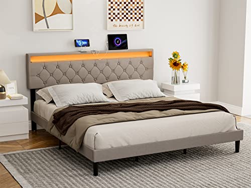 Ikifly Upholstered California King Size Led Headboard With Led Lights & 2 Usb Ports - Adjustable Height - Button Tufted Linen Fabric Padded Headboard Only, Easy Assembly - Light Brown/Cal King #TOP6