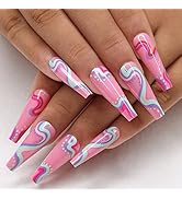 Kikmoya 24pcs Press on Nails Extra Long Coffin Nail Tips Fake Nails Swirl Wavy Artificial False N...