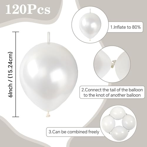 Image of White Link Balloons,120Pcs 6Inch Pearl White Latex Linking Balloons for Birthday Baby Shower Wedding Anniversary Party Decorations