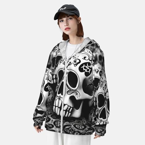 Chaqueta ligera de sol con capucha y calaveras blanco y negro miniatura 4
